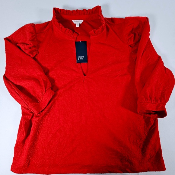 crown & ivy Tops - Crown & Ivy Red Jacquard Ruffle Neck Puff Sleeve Blouse Plus Size 3X NEW
